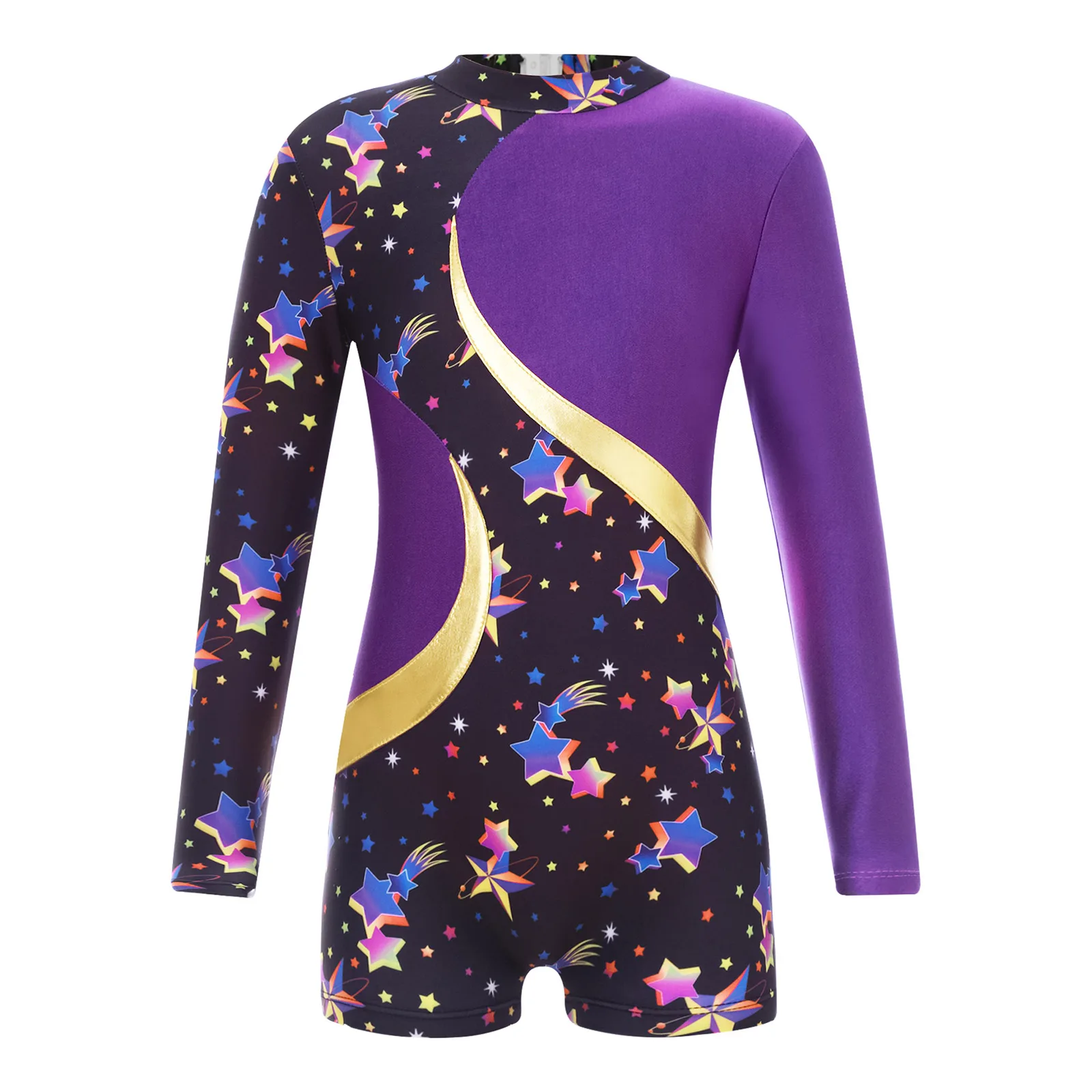 Kids Girls Print Ballet Dance Leotard Long Sleeve Gymnastics Jumpsuit Keyhole Back Patchwork Boyleg Sport Athletic Bodysuit