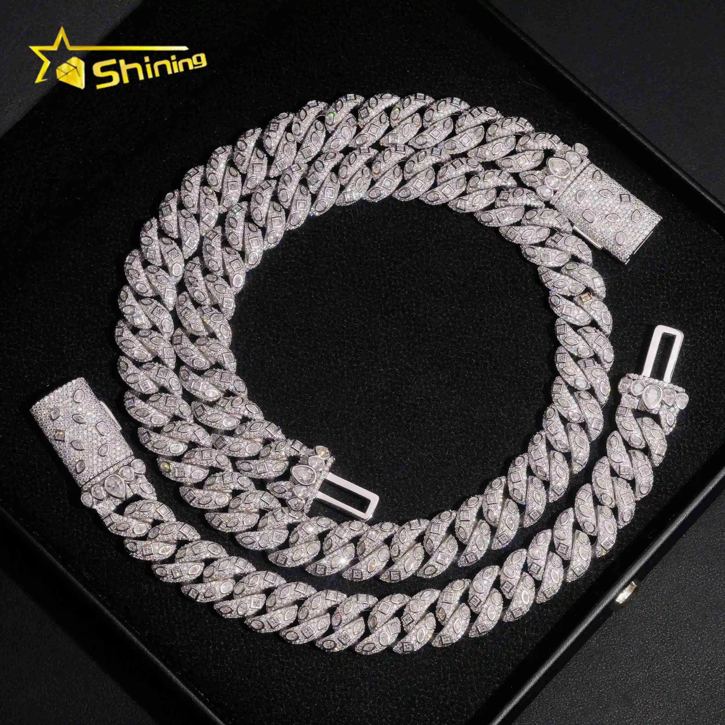 Bezel Fire Design Iced Out Jewelry 15mm Moissanite Cuban Link Chain Hip Hop 925 Silver Rose Gold Cuban Link Chain Fancy Cut.