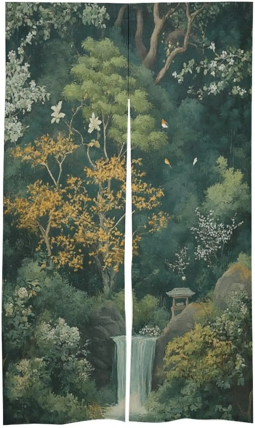 Japanese Style Landscape Screen Curtain, Traditional Ink Painting of Waterfall, Pavilion and Birds, Home Entrance Decoration