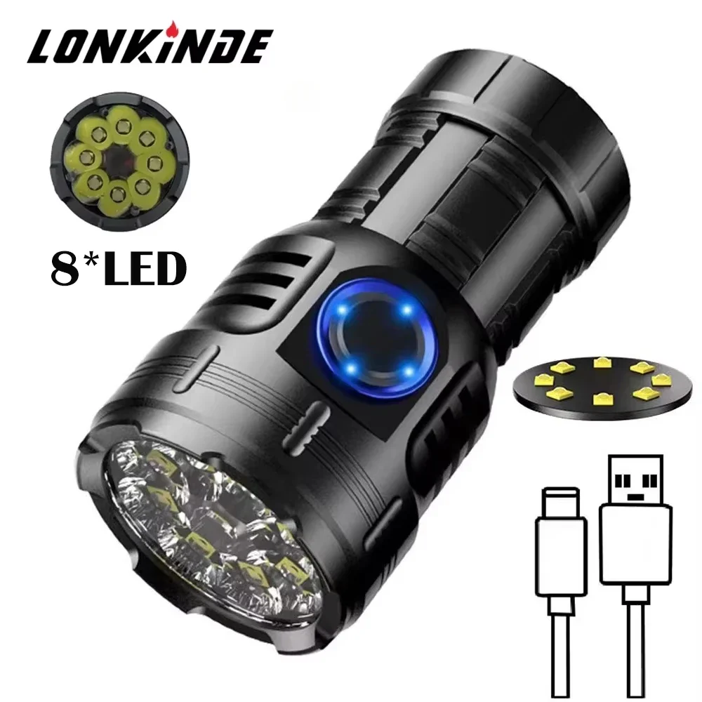 8*LED 5000LM Powerful Magnet Mini Flashlight Super Bright Aluminium Pocket Torch Type-C Rechargeable Light for Outdoor Camping