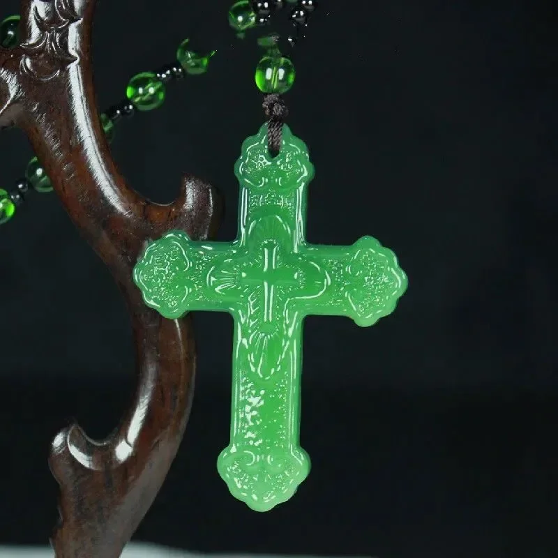 

Chinese Natural Green Jade Cross Pendant Necklace Hand-carved Charm Jadeite Jewelry Fashion Luck Amulet Gifts for Men Women