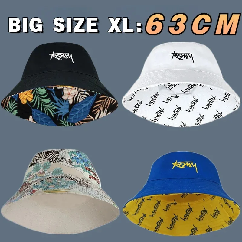 Big Head XL63cm Letter Print Bucket Hats Men Women Large Size Reversible Hip Hop Fisherman Caps Summer Sun Hat Plus Size Panama