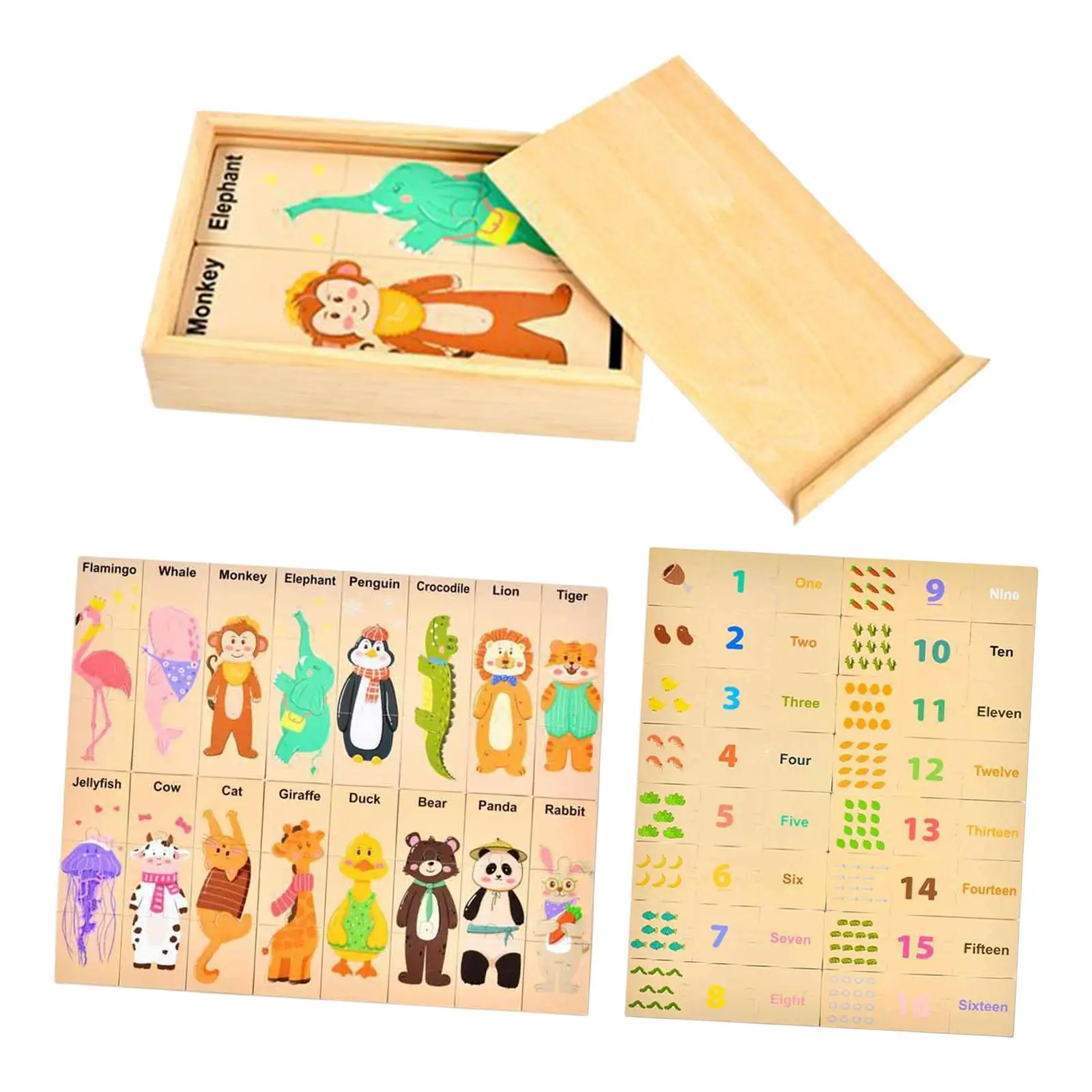 لعبة ألغاز خشبية مع صندوق تخزين لعبة ألغاز حيوانات لعد رياض الأطفال