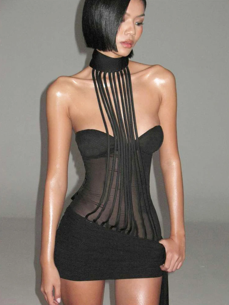 Kliou Sexy Mesh Patchwork Mini Dress Woman Halter Hollow Tassel Long Ribbon Decoration Skinny Peach Buttocks Club Party Bodycon