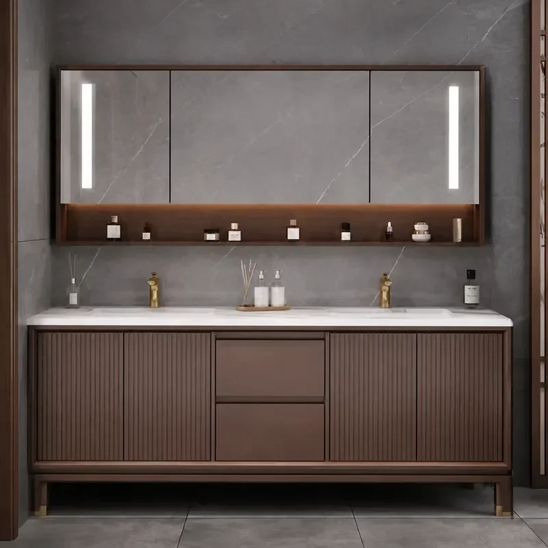 Modern Chinese Style Bathroom Vanity with Oak Wood Anti Fog Mirror Light Rock Slab Countertop Large Double Sink Cabinet