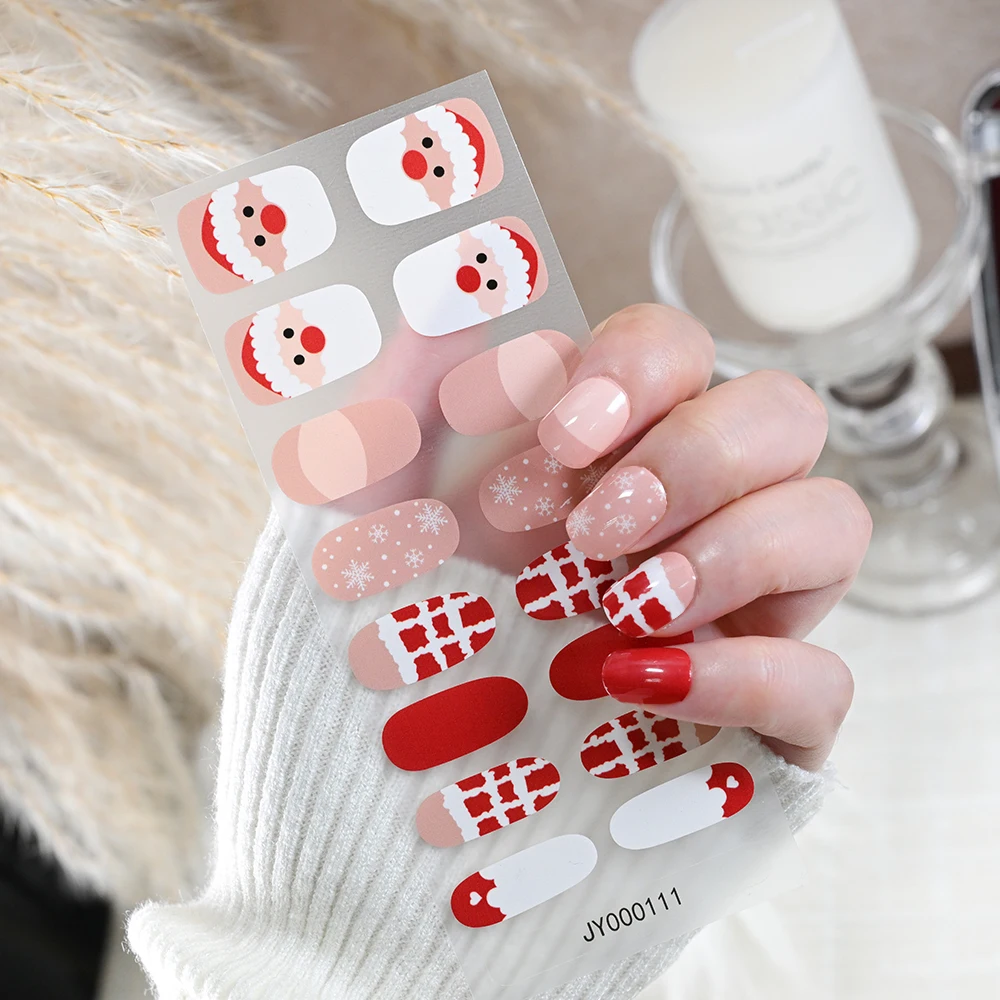 1Sheet(16tips) Christmas Gel Nail Stickers Cartoon Elk Snowflakes Xma Tree Bell Full Cover Nail Wraps Adhesive Winter Nail Decor