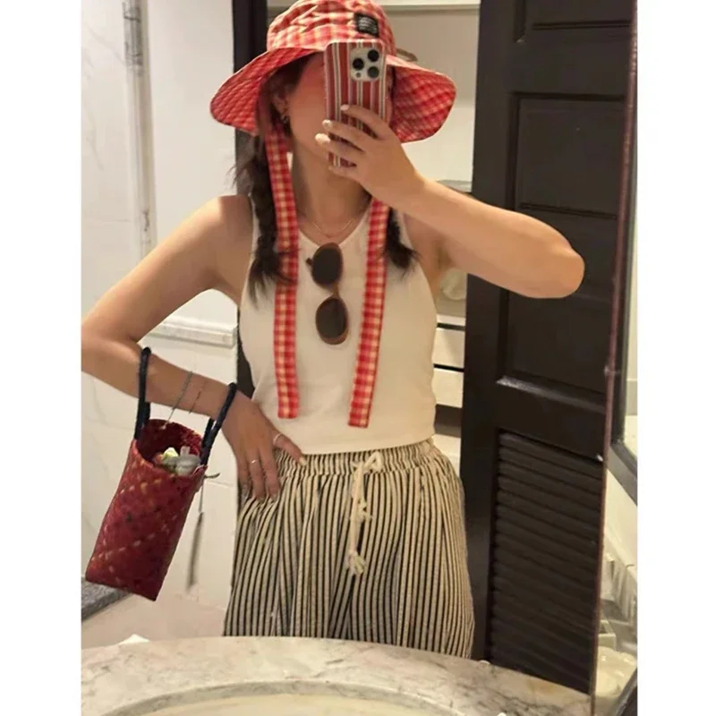 Ins Blogger Retro Plaid Tie Strap Bucket Hat Women Summer Travel Versatile Fisherman Hat Girls Fashion Popular Wide Brim Sun Cap