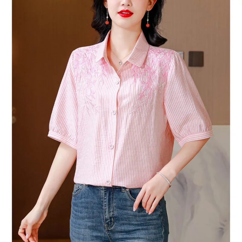 

Women's 2024 New Summer Polo-Neck Cotton and Linen Embroidery Casual Fashionable Versatile Slim Commute Short Sleeve Shirt Top