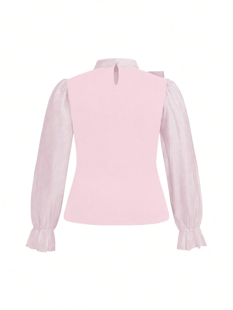 Plus Size Women\'s Elegant Contrast Bow Tie Long Sleeve A-Line Office Work Shirt Business Pink Black Brown Best for Spring