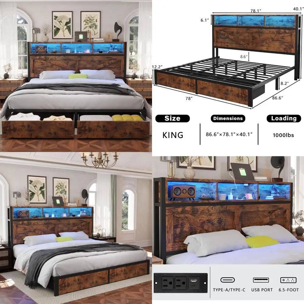 

Роскошная двуспальная кровать в стиле фермерского дома с изголовьем книжного шкафа, ящиками для хранения вещей, светодиодной подсветкой и встроенной зарядной станцией