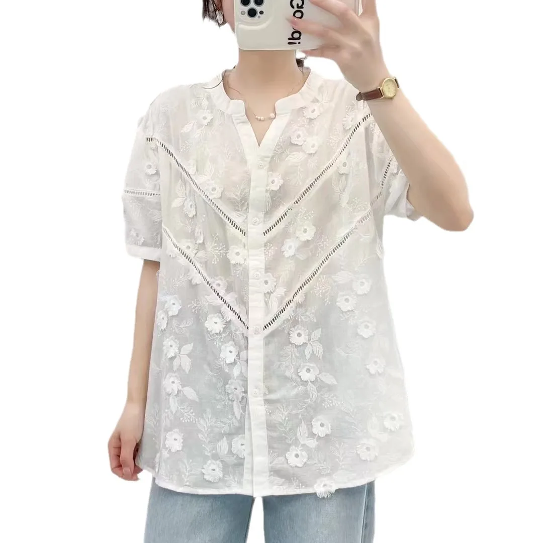 New Spring Cotton Shirts Embroidery Women Short Sleeve Floral Single Breasted Tops Girl Loose Blouses 2024 Summer T44375QM