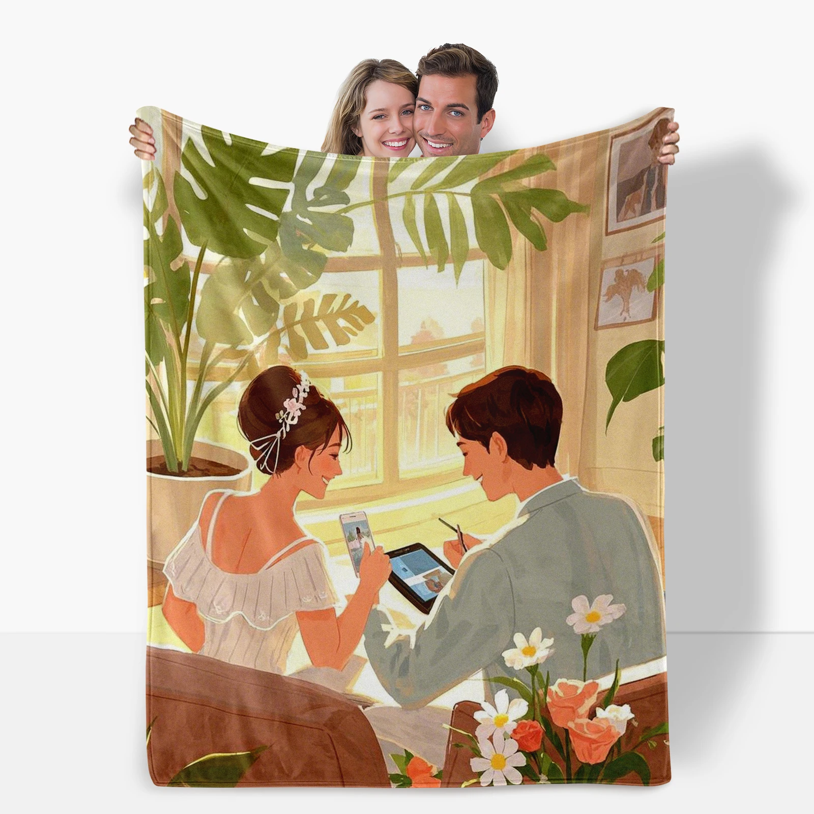 Romantic Cartoon Couple Themed Blanket, Ideal For Newlyweds To Enhance Their Living Space With Love And Joy This Wedding Season.