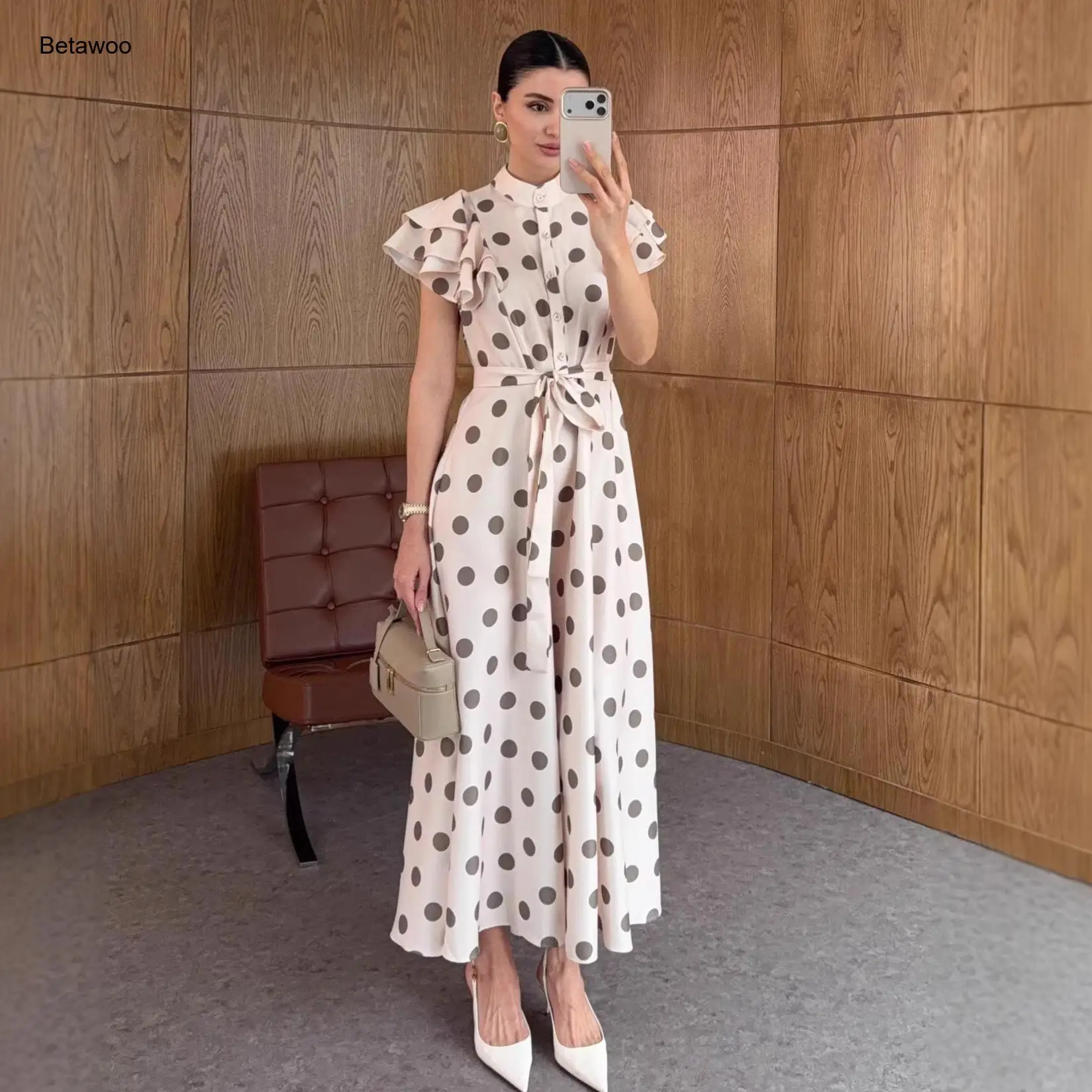 Damen Beige Polka Dot Midikleid mit Rüschenärmeln und Taillenband Elegante Lässige Bürokleidung