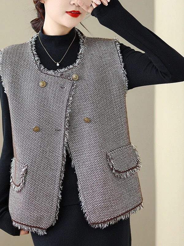 Faionable Gilet con frange Top da donna Autunno New Sle Small Fraance Sle Miscela di cotone Or Lunghezza Chiusura con bottone singolo