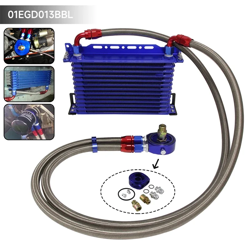 

AN10 13Row 262mm Universal Engine Transmission Oil Cooler w/Bracket + Aluminum Filter Hose End Kit Blue/Black