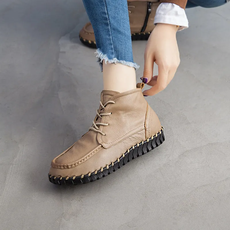 Spring Women Genuine Cow Leather Soft Sole Shoes Winter Ladies comfortable Flat Boots Ankle Snow Boots moccasin Warm Sneakers