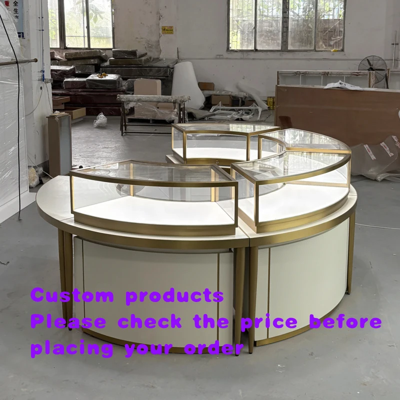 custom.Round Glass Retail Jewelry Display Cabinet Modern LED Illuminated Stainless Steel Showcases Counter Luxury Shop Desig