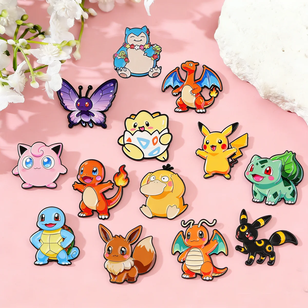 Conjunto Aleatório de 7 Pins de Esmalte de Monstros de Anime Pokémon, Criativos, com Elf Pikachu, Psyduck, Bulbasaur, Squirtle, Broche, Distintivo de Lapela, Presente para Cosplay