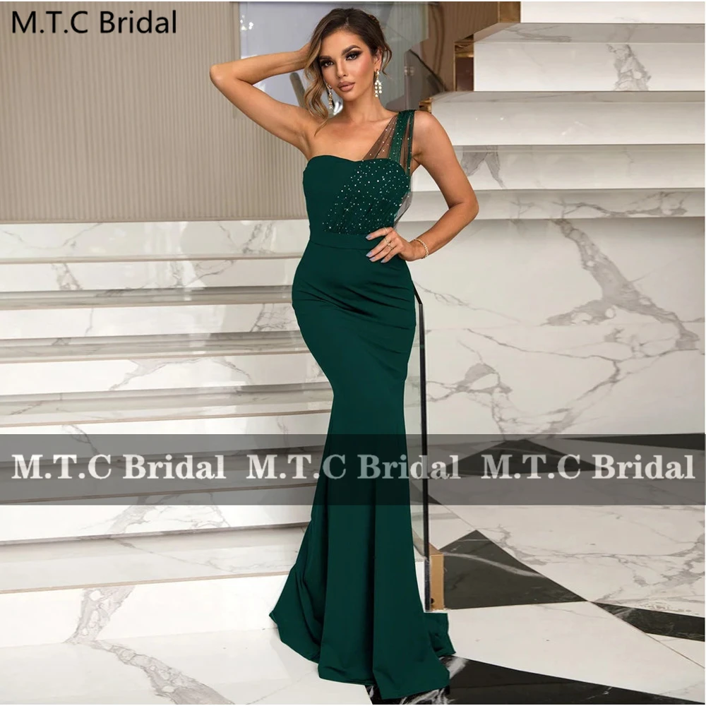 Long Mermaid Green Evening Dress One Shoulder Backless Shiny Beading Satin Formal Gowns For Women 2023 Robe De Soiree