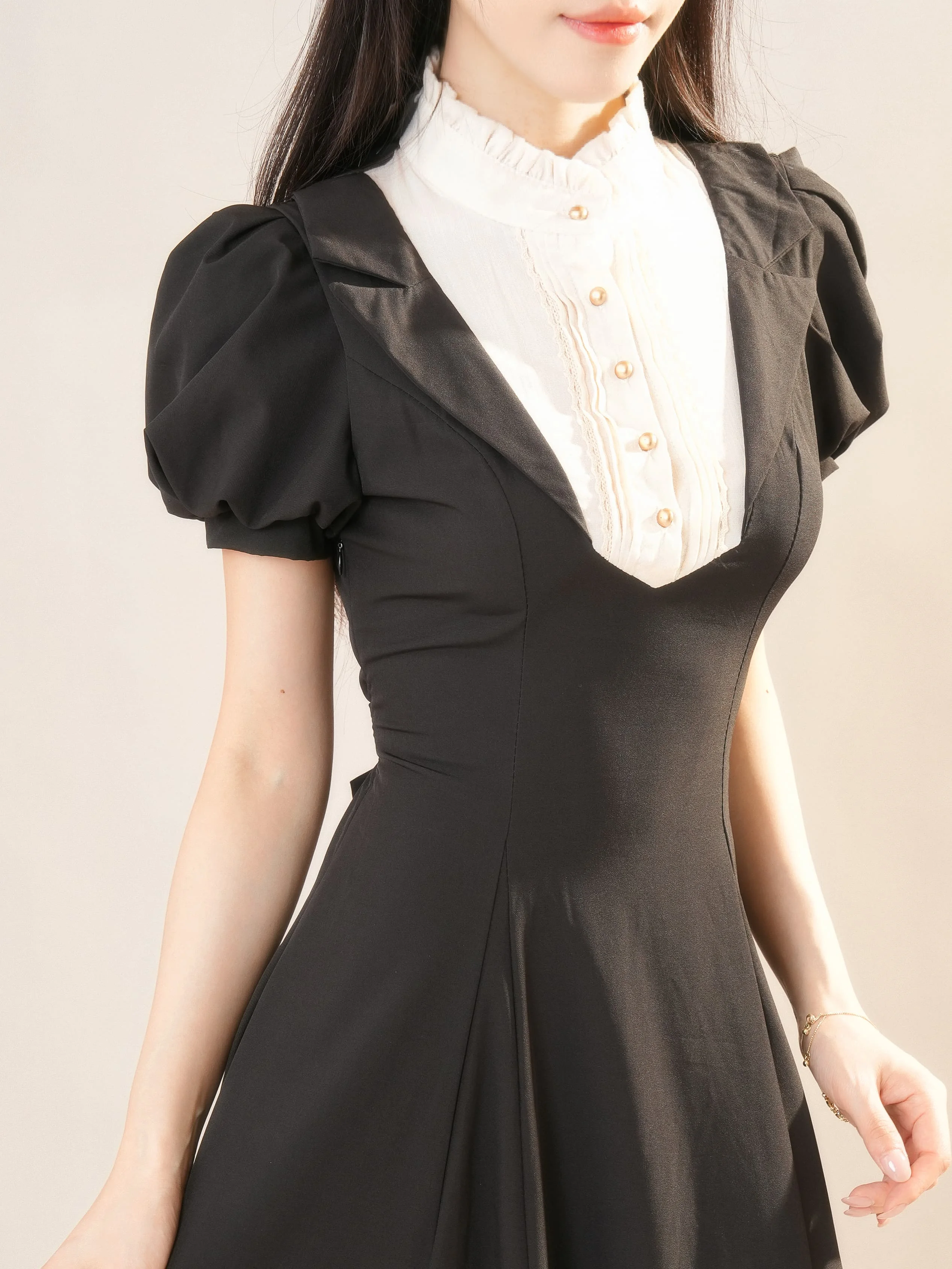 Japanese Elegant Nun Dark Black Long Dresses Stand Collar Bubble Short Sleeves High Waist Slim A-line Lolita Dress Women Summer