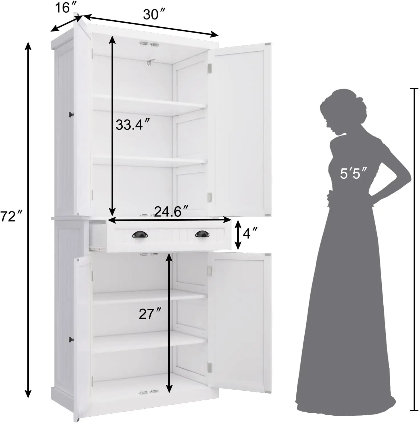 Kitchen Pantry Storage Cabinet with Drawer and Adjustable Shelves, Bathroom or Hallway, White