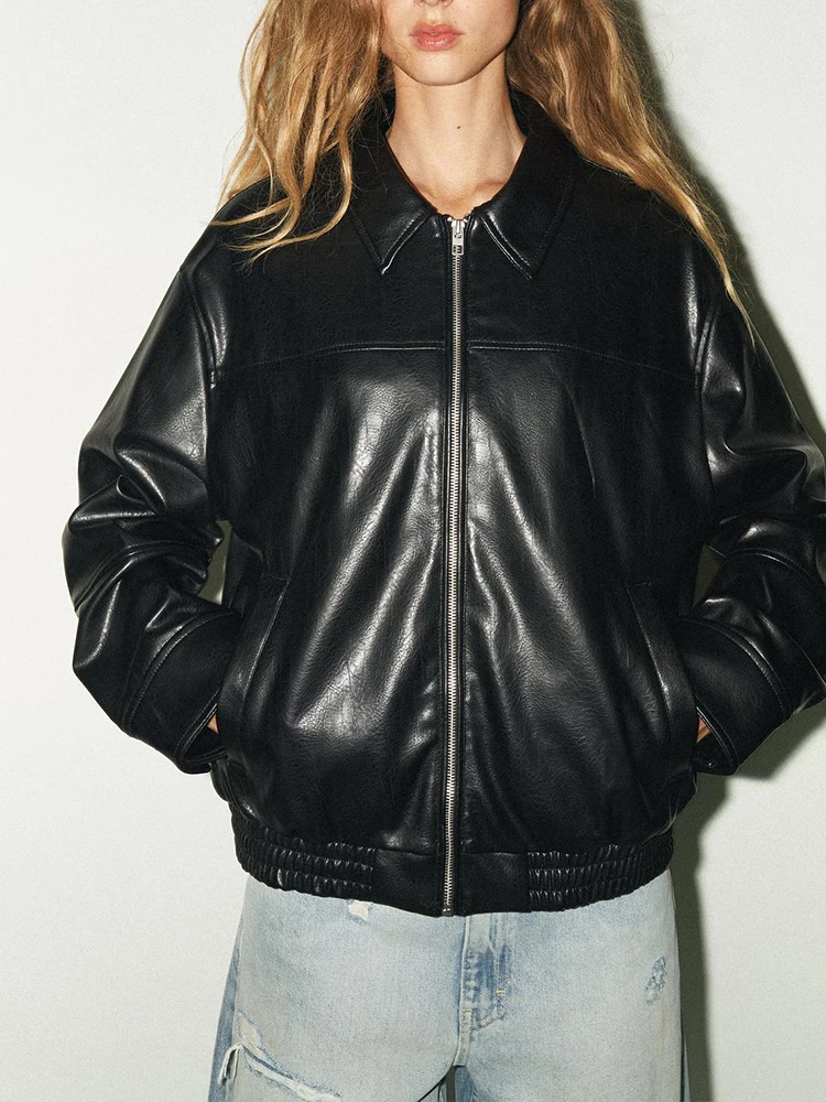 

European style new women's fashion versatile temperament simple imitation leather lapel pilot jacket