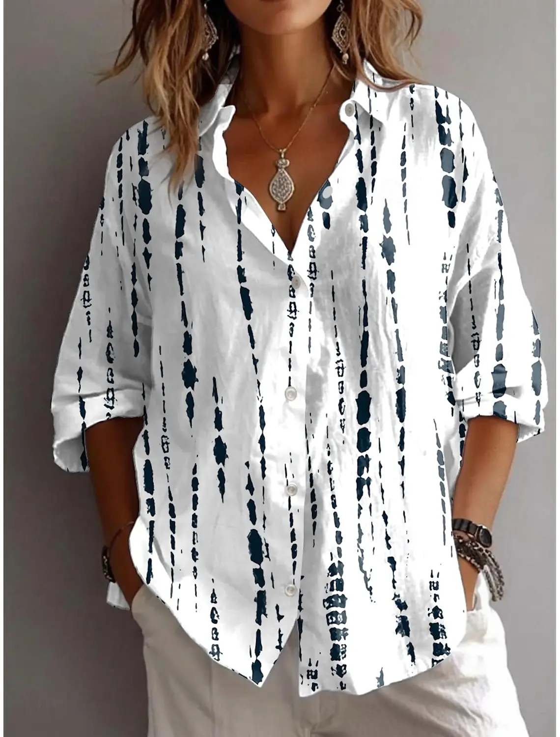 Summer Women's Shirt Flower Active Stylish Blouse Lapel Neck Blouse Women's Long Sleeve Shirts Womens Clothing Female Clothes