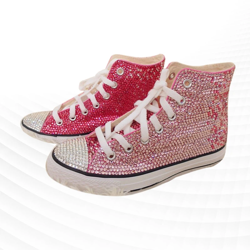 Zapatos de lona de boda de fiesta de diamantes de alta calidad rosa de industria pesada hechos a mano con cordones personalizados zapatos de mujer de gran tamaño 35-46