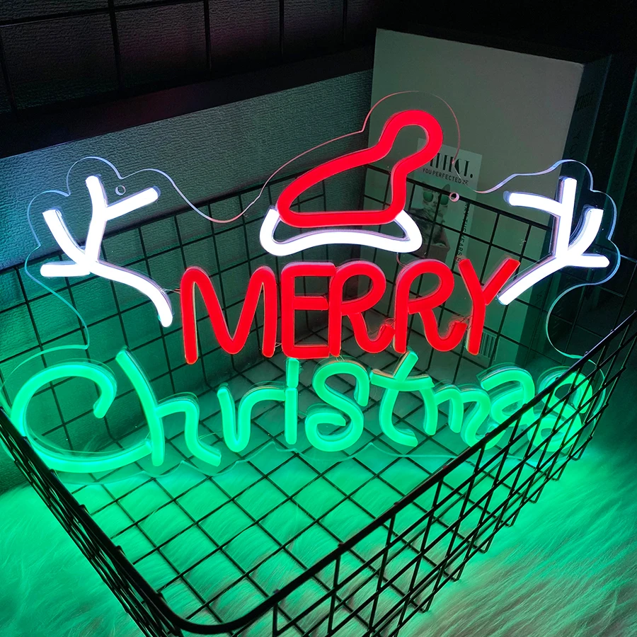 Merry Christmas Neon Signs for Wall Decor, Red Hat LED Sign Neon Lights Sign USB Powered for Indoor Party Bedroom Bar Pub Club