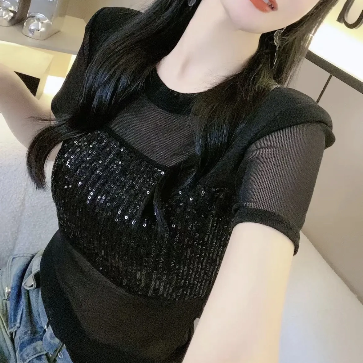 Summer 2024 Glittery Me Svel Top Women\'s Slim Fit ort Sve T-irt Heavy Embroidery round Ne Korean Sle Commute