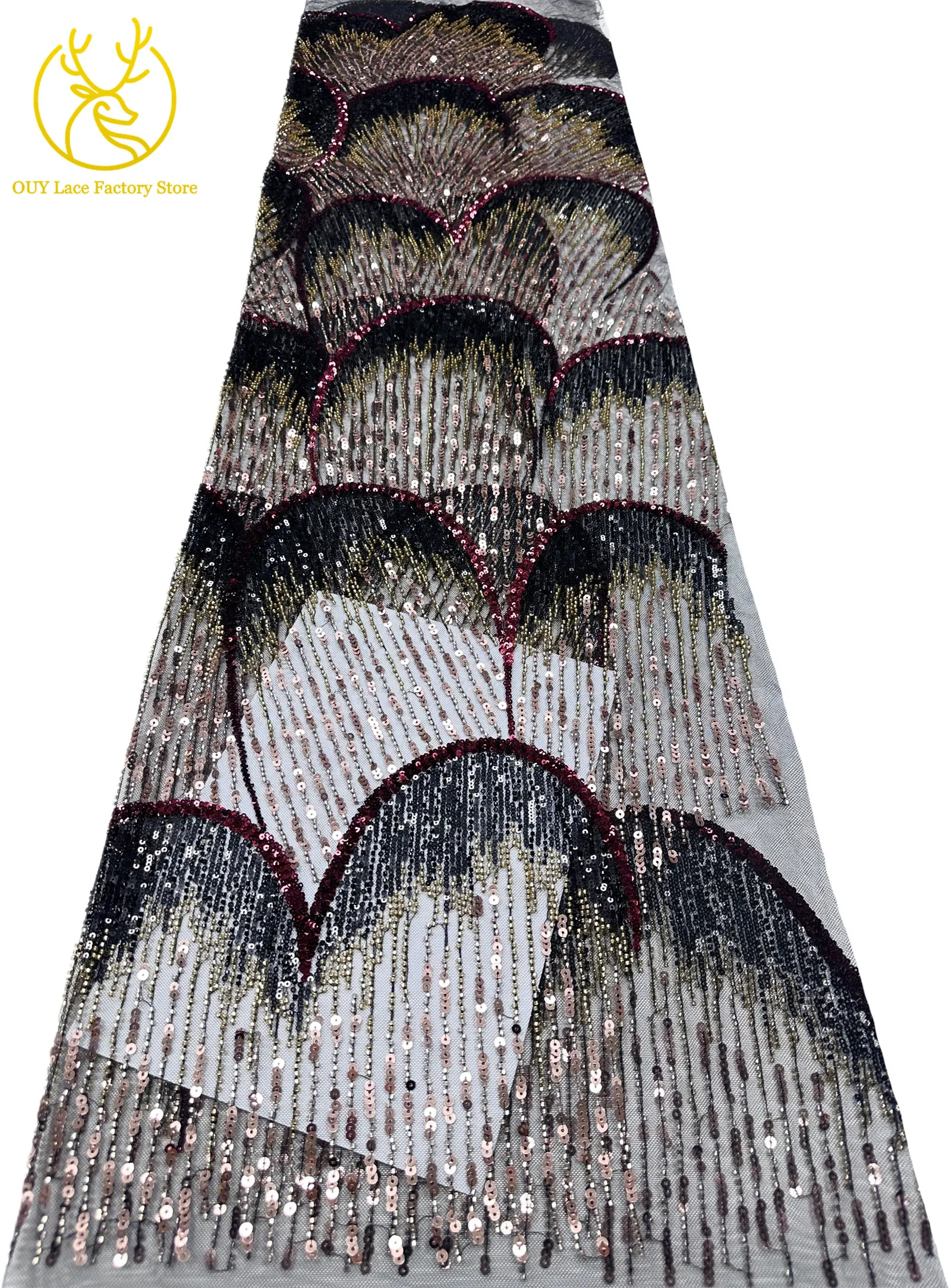 5 Yards afrikanischer Perlen-Pailletten-Spitzenstoff, hochwertiger, exquisiter nigerianischer Tüll-Mesh-Spitzenstoff zum Nähen von Hochzeitskleidern – Detail 30