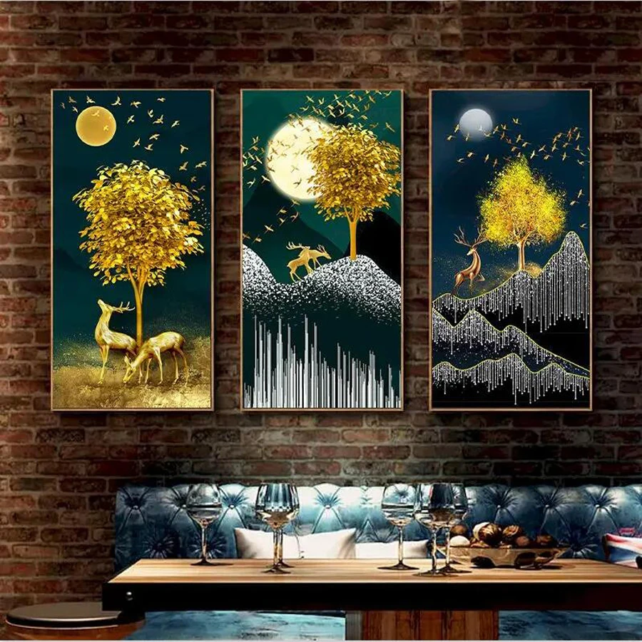 

Large Size Diamond Painting Triptych Moon Golden Tree Deer Diy Full Rhinestone Embroidery Abstract Landscape Mosaic Arts AA5288