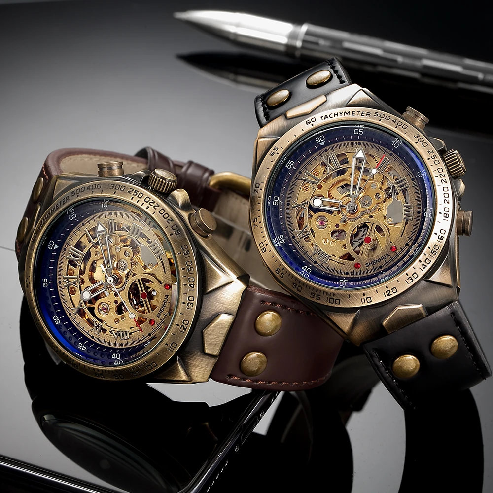 SHENHUA Vintage Bronze Men Watch Steampunk Skeleton Automatic Mechanical Male Clock Top Brand Luxury Sport Military Wristwatch