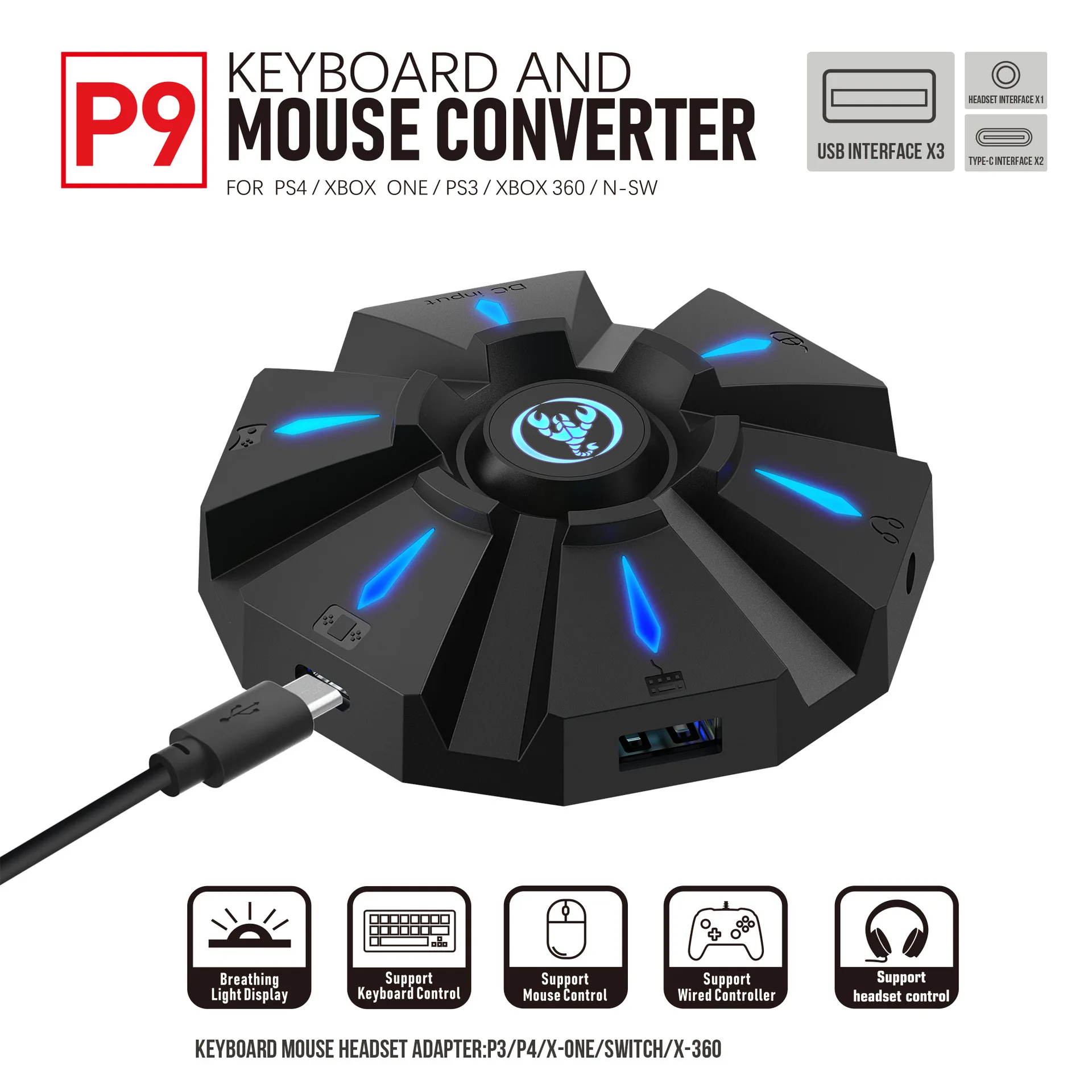 

New P9 Keyboard Mouse Converter Adapter Set Compatible with Multiple Gaming Consoles Controller Devices PS5 PS4 Xbox