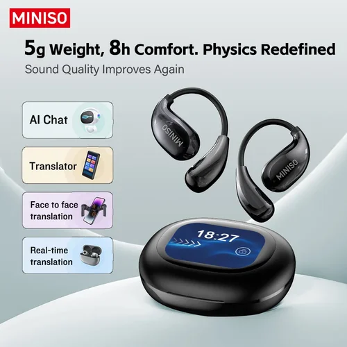 Imagen 1 del producto Miniso MS189 AI traducción auriculares Bluetooth auriculares inalámbricos deportivos pantalla táctil LCD a Color batería de 8 horas de duración graves estéreo
