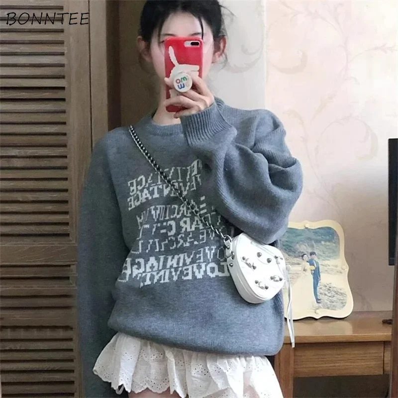 

Knitted Pullovers Women Letter Printed Loose Warm Winter Теплый Джемпер Женский Корейская Мода Ulzzang Slouchy Fashion Casual