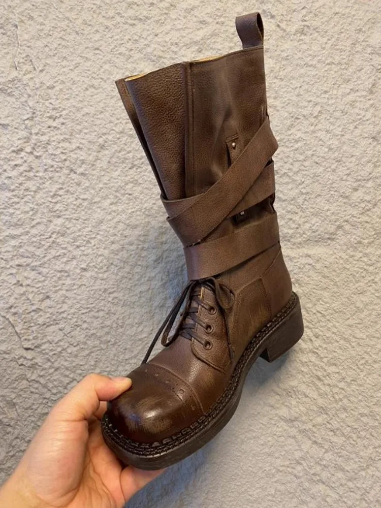 Women British Style Winter Buckle Genuine Leather Comfortable Cowhide Round Toe Mid Heel Fashion Female Motorcycle Boots Shoes