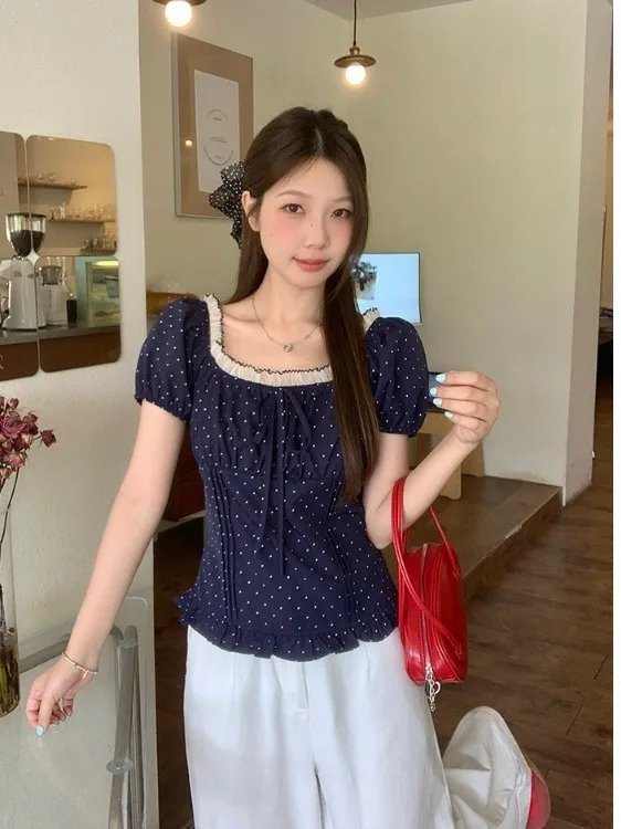 

Sweet Sle plus Size Women's irt Summer New High Waist Bubble Sve Polka Dot Top Faionable Slim Fit Korean Sle
