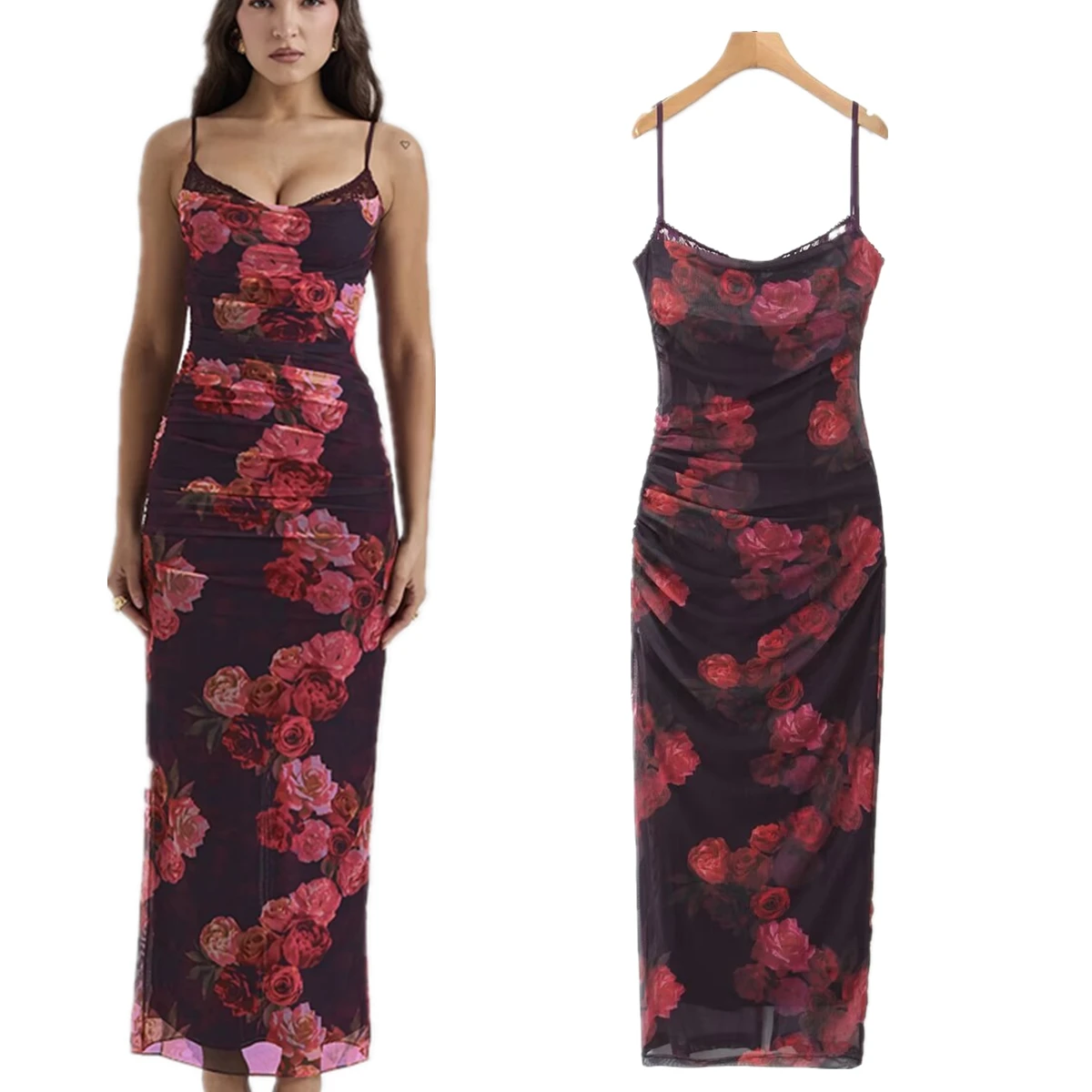 

Jenny&Dave Summer Dress Retro Rose Print French Dress Women Mesh Tight Fitting Dress Midi Strap