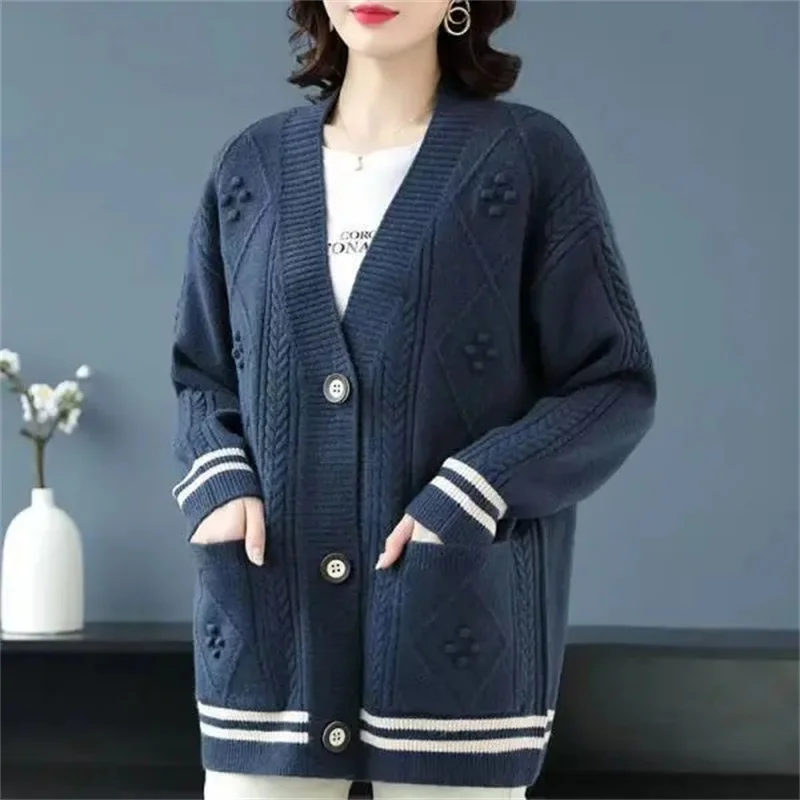 Mother Sweater V-Neck Blousers Loose Size Women\'s Fat MM Sweater Coat For Women\'s Autumn And Winter New Loose Knitting Cardigan