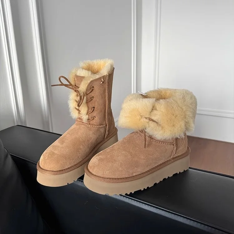 

Sheepskin and Fur Integrated Thick-soled Lace-up Muse Snow Boots Winter Velvet Cold-proof and Warm Two-wear Medium Cotton Boots