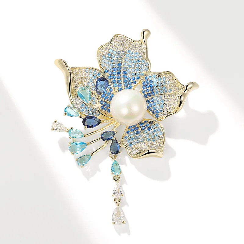 Chinese Style Auspicious Flower Brooch 18k Gold Plated Copper Micro Paved Zircon Tassel Pearl Brooch Pin For Women Wedding Party