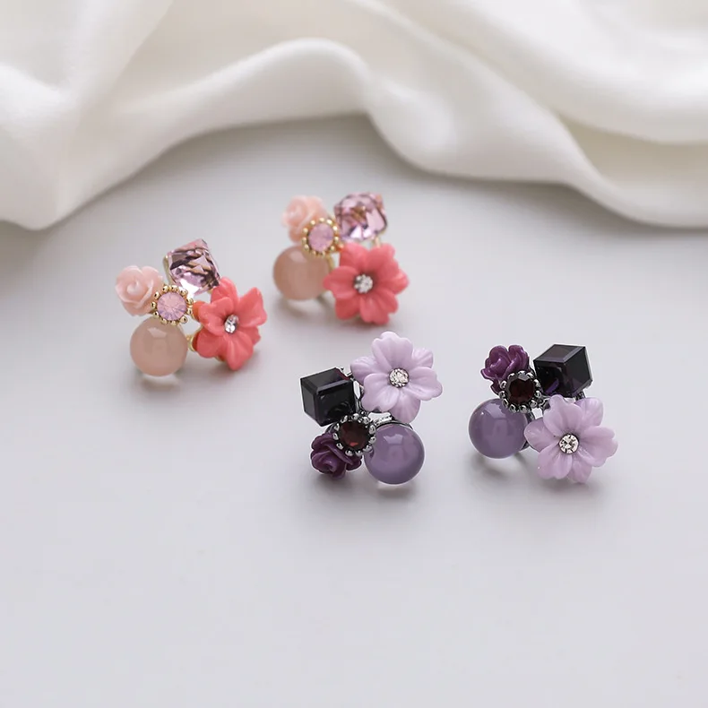 4 Pcs Korean Shell Flower Crystal Earrings for Women Temperament Simple Sweet Rose Stud Earrings Version Pink Girl Accessories