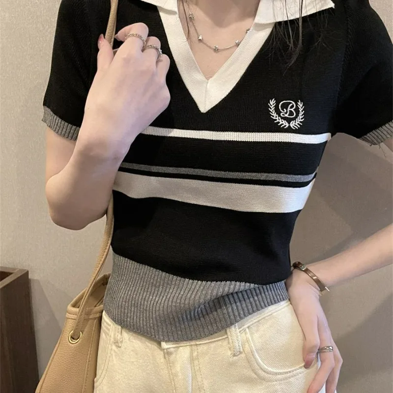 Striped Polo Neck Ice Silk Knitted Top Women's Short Sleeve 2025 Summer New Chic Fake-two Pieces V-neck Thin Short T-shirt