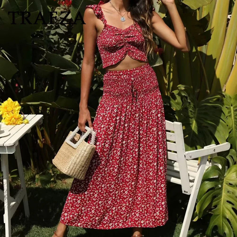 

TRAFZA Vintage Floral Woman Suits Sexy Cami Slim Short Tank Top+Casual Pleated Split Long Skirt Vintage Beach 2025 Holiday Set