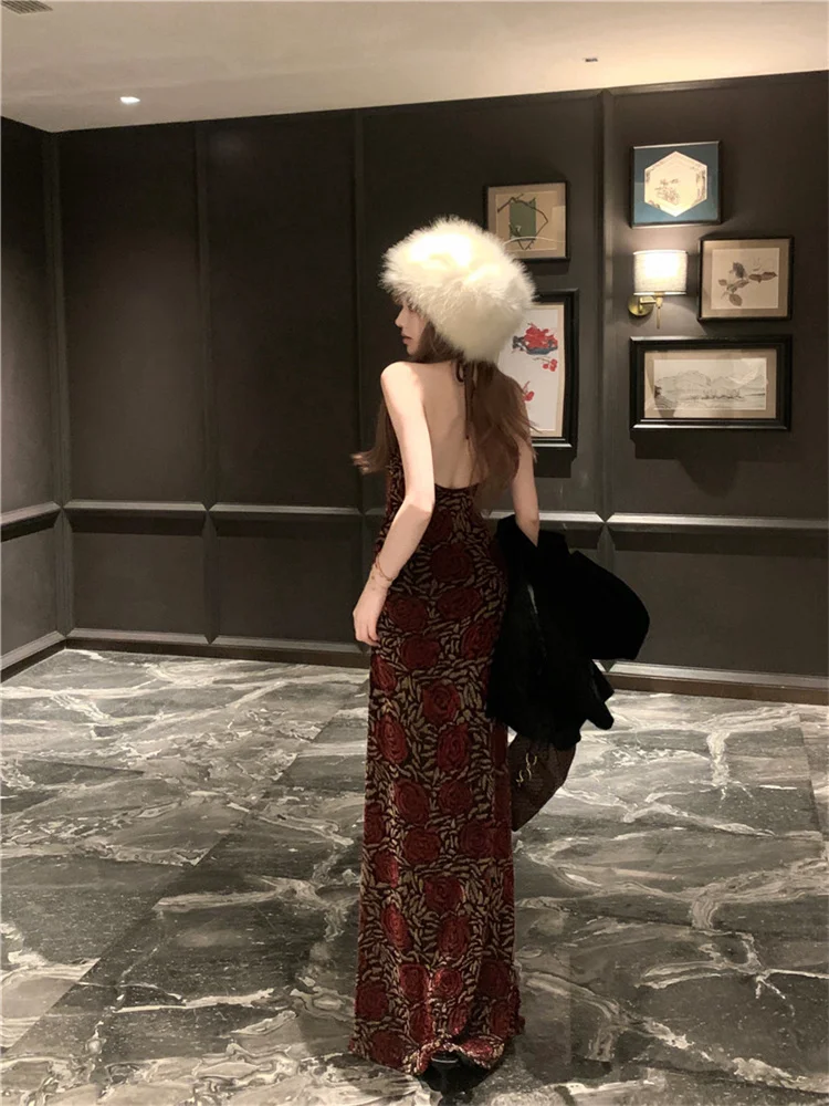 Vintage Rose Printed Velvet Dress for Women 2025 New Sexy Hanging Neck Backless Dresses Retro Slim Tailored Long Mermaid Dress