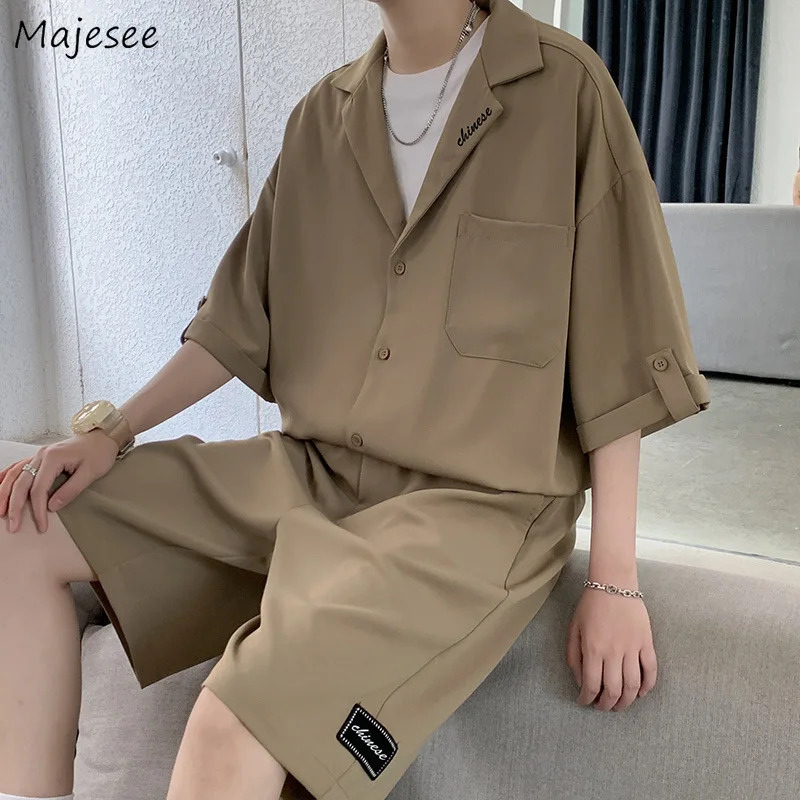 Sets Men Summer Baggy Notched Shirts Elastic Waist Shorts Handsome Solid Breathable Korean Fashion All-match Sporty Streetwear