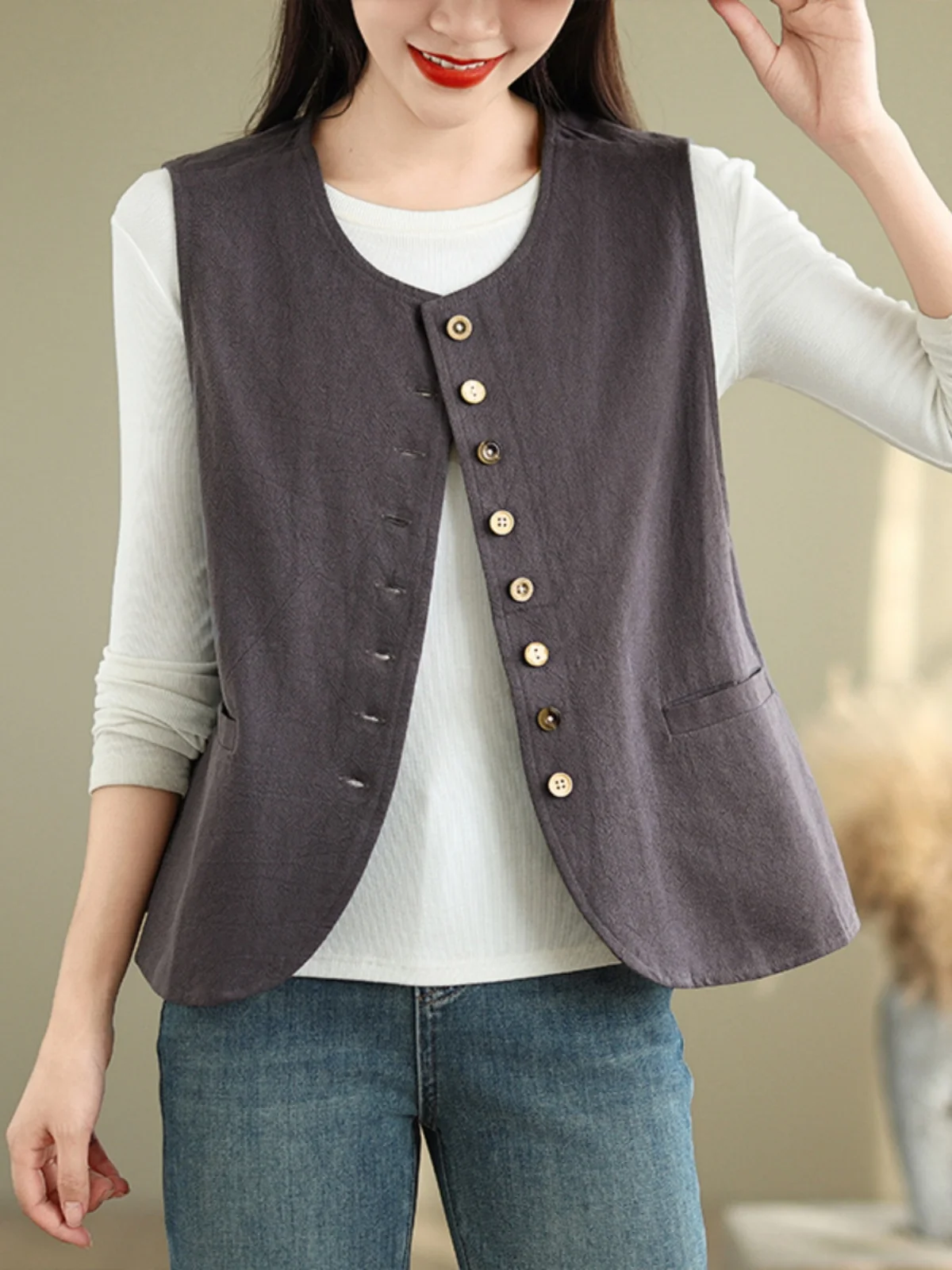 

Японский льняной жилет, топ, женский весенне-осенний художественный многослойный Svel Ele, универсальная верхняя одежда