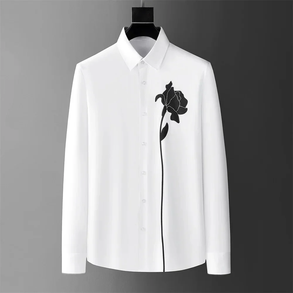 Men's black and white classic simple pattern 3D printed long-sleeved shirt spring and autumn outing party printed lapel shirt