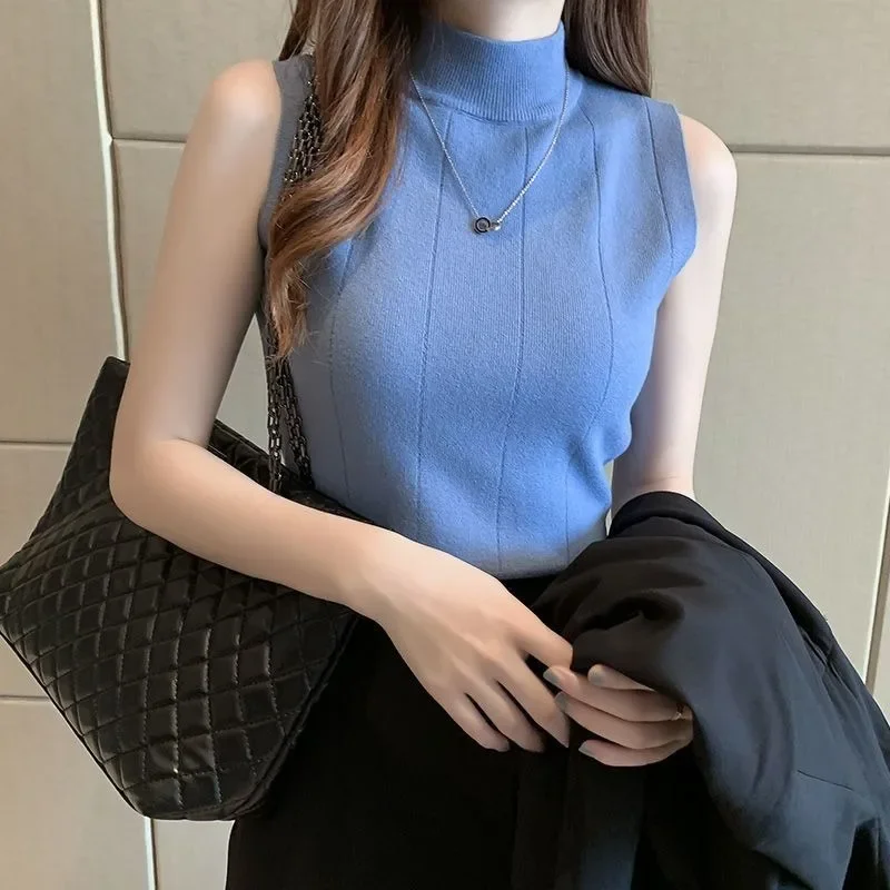 Summer new Korean fashion half turtleneck ladies tops women T-shirt casual clothes sleeveless solid women blouse knit elastic